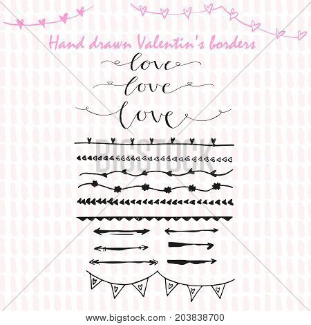 Collection of hand drawn ink borders for card invitation. Cute and unique swirls dividers for your stylish wedding or birthsday design. Isolated vector elements.