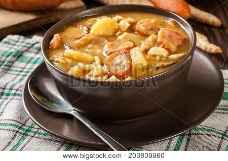 Traditional Polish Split Pea Soup With Sausage, Bacon And Potatoes