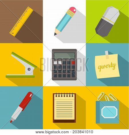 Stationery related icon set. Flat style set of 9 stationery related vector icons for web design