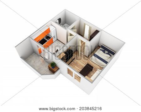 Interior Apartment Roofless Perspective View Apartment Layout 3D Render Without Shadow