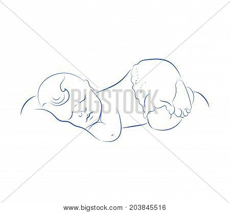 Lovely Newborn Sleeping Vector. Cute Little Sleeping Child. Contour Sketch Hand Drawn. Cute Baby. Small Heart.