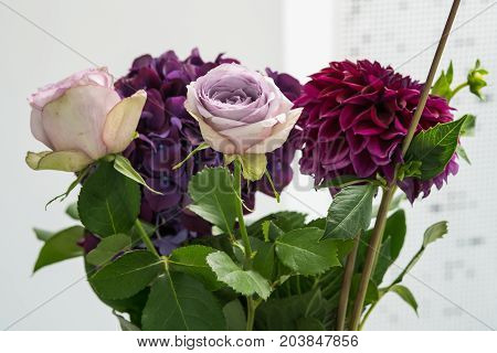 Close-up purple flowers in the vase on the table. Little bouquet made of pink roses and violet hydrangea flowers on light background. Beautiful floristic decor for event. Wedding decor