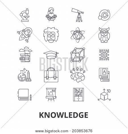 Knowledge, learning, manader, book, education, information, wisdom, know, brain line icons. Editable strokes. Flat design vector illustration symbol concept. Linear signs isolated on background