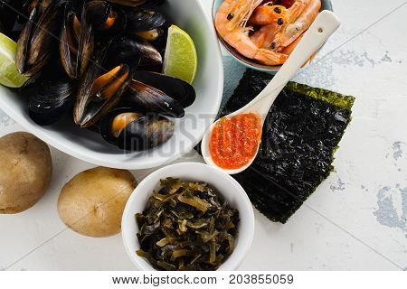 Food rich of iodine. Natural sources of iodine. Space for text