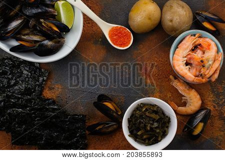 Food rich of iodine. Natural sources of iodine. Space for text