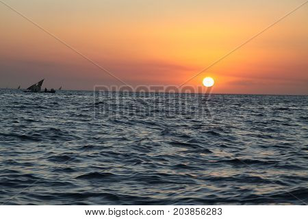 Red sunset in the sea, Zanzibar island