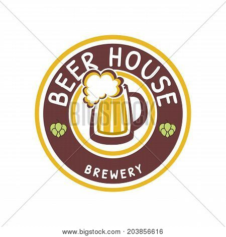Vector logo design template for beer house pub or brewing company isolated on white background. Logotype in the form of a circle with a beer mug decorated with sprigs of hops.