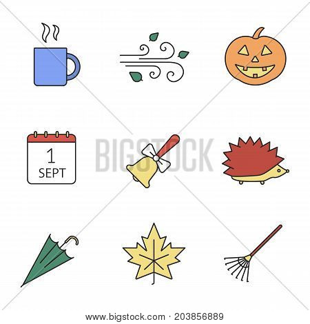 Autumn season color icons set. Hot drink mug, pumpkin, wind blowing, school bell, hedgehog, umbrella, maple leaf, rake, September 1 calendar. Isolated vector illustrations