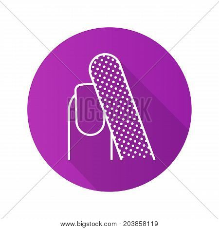 Nail filing flat linear long shadow icon. Woman's nail with file. Vector outline symbol