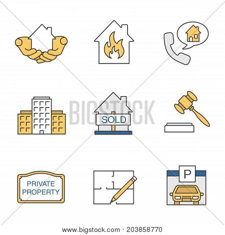 Real estate market color icons set. House in hands, multi-storey building, floor plan, parking place, sold house, private property sign, gavel. Isolated vector illustrations