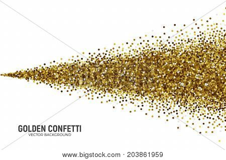 Vector Scattered Golden Confetti in Abstract Spray Jet Shape Isolated on White Background 3D Illustration. Slapstick Paper Round Gold Bright Particles. Graphic Design Template