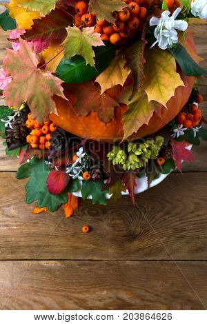 Thanksgiving Table Centerpiece With Fall Leaves And Seeds, Copy Space