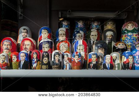 9TH SEPTEMBER 2012, SAINT PETERSBURG, RUSSIA - Wooden Nesting Dolls or Russian Matryoshka Dolls of world leaders and famous people for sale in St Petersburg Russia