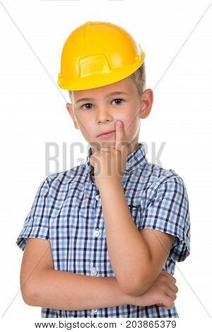 Casual thinking guy - caucasian male model. Half-length emotional portrait of teen boy wearing blue t-shirt. Thoughtful teenager, isolated on white background.