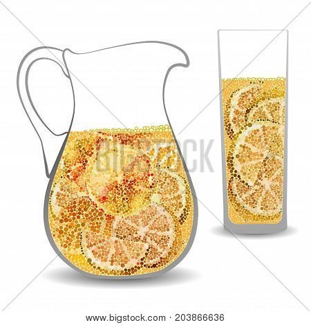 Orange juice in a transparent jug contour and glass decorative mosaic circles