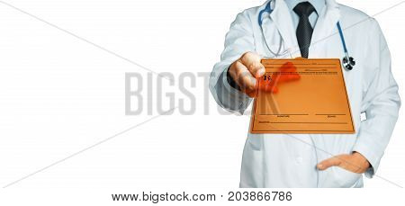 Man Doctor Holding Tablet With Diagnosis Prescription Or Medical Data. Healthcare Insurance Medicine Concept