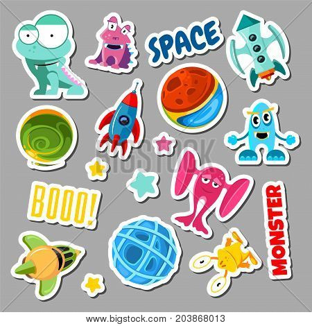 Set of stickers with space objects and monsters. Cartoon vector illustration for children. Sticker monster and space ship