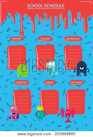Vector school schedule with cartoon monsters with paint stains on confetti background. School schedule timetable for pupil illustration