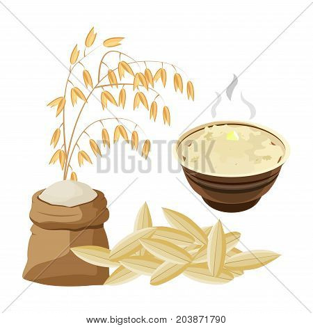 Vector illustration with oat porridge and grain. Oatmeal. A bowls of cereal. Healthy food.
