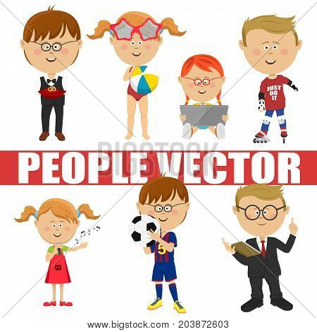 People vector children set. Page boy, roller skater, soccer player, schoolboy, singer, girl with a tablet computer