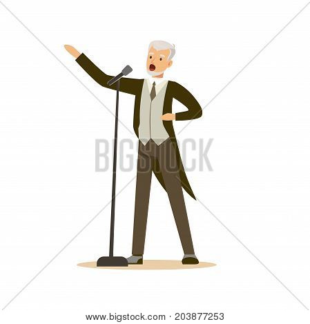 Opera singer man wearing an elegant tuxedo performing an aria vector Illustration on a white background