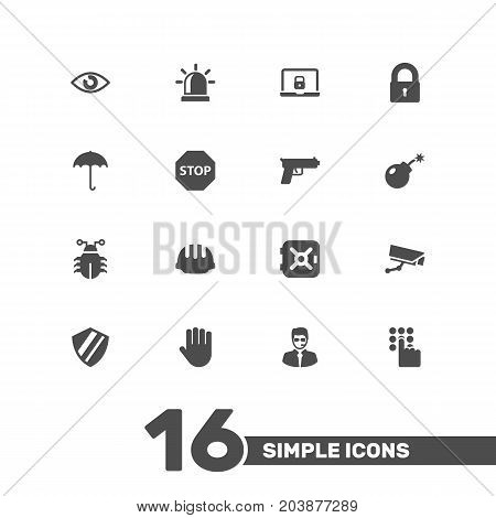 Collection Of Protection, Hardhat, Shot And Other Elements.  Set Of 16 Procuring Icons Set.