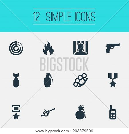 Elements Jailer, Medal, Bombshell And Other Synonyms Flame, Sniper And Fire.  Vector Illustration Set Of Simple War Icons.