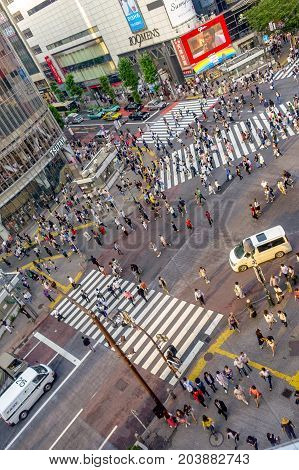 TOKYO, JAPAN JUNE 28 - 2017: Top view of crowd of people crossing in Shibuya street, one of the busiest crosswalks in the world, in the Ginza District in Tokyo, Japan.