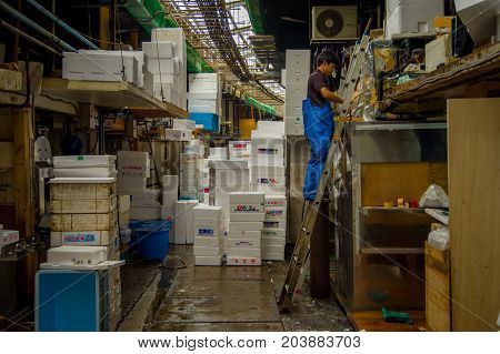 TOKYO, JAPAN JUNE 28 - 2017: Unidentified man in a metallic stair accommodating boxes inside of a Fish Market Tsukiji in Tokyo Japan, Tsukiji Market is the biggest wholesale fish and seafood market in the world.