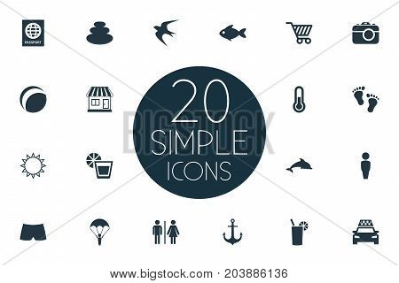 Elements Barefoot, Taxi, Beach Games And Other Synonyms Barefoot, Gentleman And Stone.  Vector Illustration Set Of Simple Seaside Icons.