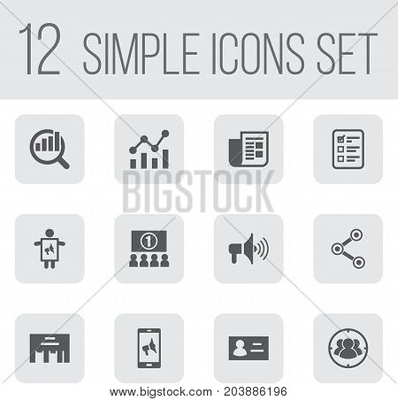 Collection Of Auditorium, Market, Man With Banner And Other Elements.  Set Of 12 Trade Icons Set.