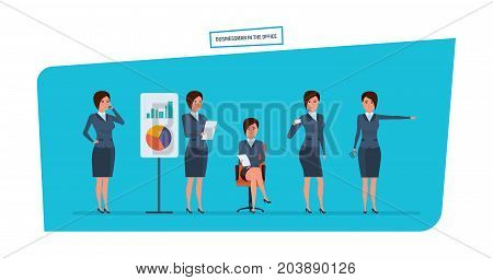 Businesswoman in office work situations. Statistical research, marketing, planning, analysis, presentation of company's position. Womens character working in office. Cartoon vector illustration