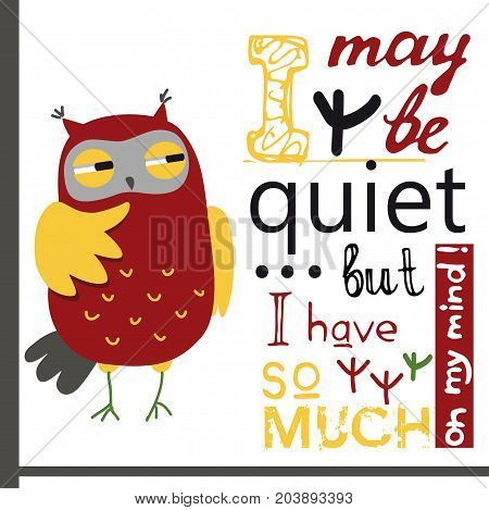 red vector owl on white background with inscription