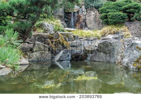 Water flows over colorful rocks into a pool in Seatac Washington. Macro shot.