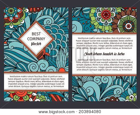 Brouchure design template for company with blue floral and swirls decorative pattern, vector illustration