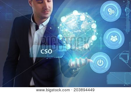 Business, Technology, Internet And Network Concept. Young Businessman Working On A Virtual Screen Of
