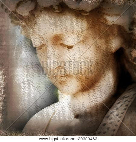 photograph of a face of a stone angel with grunge texture layered on it
