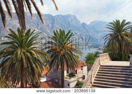 View of seaside Prcanj town from the stairs of the Church of Birth of Our Lady. Kotor Bay of Adriatic Sea,  Montenegro