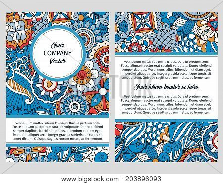 Brouchure design template for company with blue floral decorative pattern, vector illustration