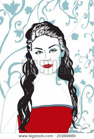 Vectorillustratie van mooie vrouw met lange zwarte krullend haar in rode toppen en rode lippen.