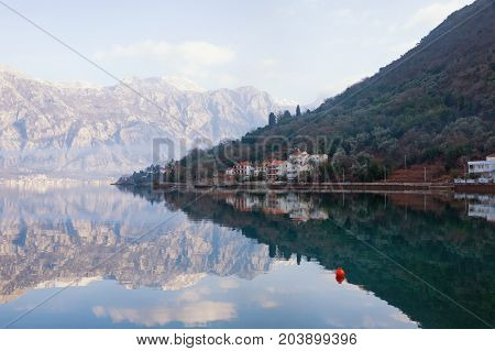 Winter day in Montenegro. View of the Kotor Bay near seaside village of Stoliv