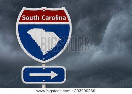 Road trip to South Carolina Red white and blue interstate highway road sign with word South Carolina and map of South Carolina with stormy sky background 3D Illustration