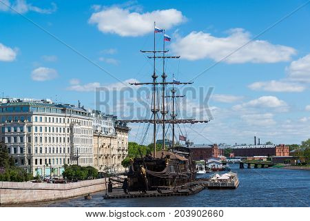 St. Petersburg, Russia - June 03. 2017 A restaurant in a sailboat Flying Dutchman about Mytninskaya Embankment