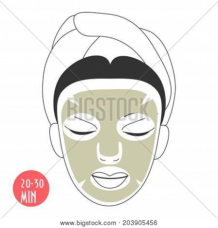 Vector illustration for cosmetic face care in line art style: woman face with Gold Collagen sheet mask on. Gold facial Collagen mask could be lifting, firming, anti aging or anti-toxin.