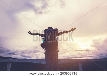 Asian women travel relax in the holiday. Standing on the mountain. Thailand