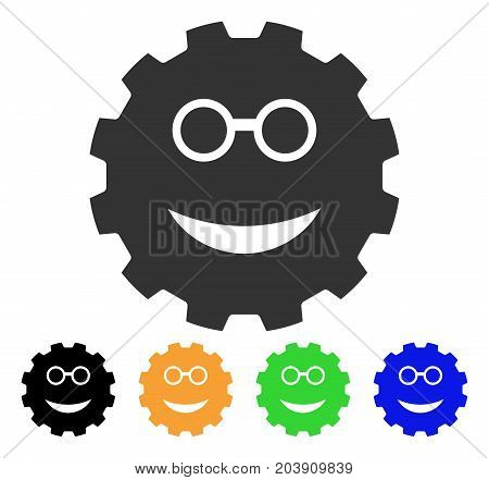 Clever Smiley Gear icon. Vector illustration style is a flat iconic clever smiley gear symbol with black, grey, green, blue, yellow color variants. Designed for web and software interfaces.