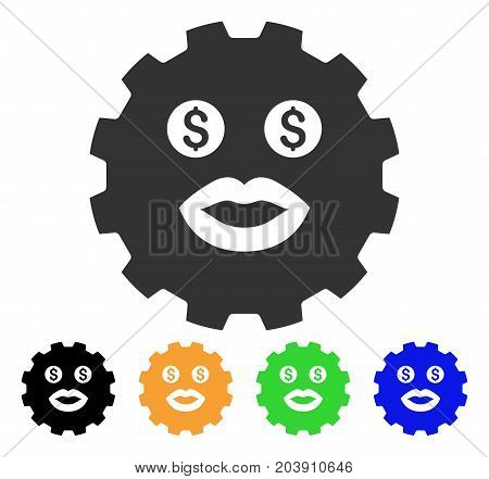 Prostitute Smiley Gear icon. Vector illustration style is a flat iconic prostitute smiley gear symbol with black, grey, green, blue, yellow color versions. Designed for web and software interfaces.