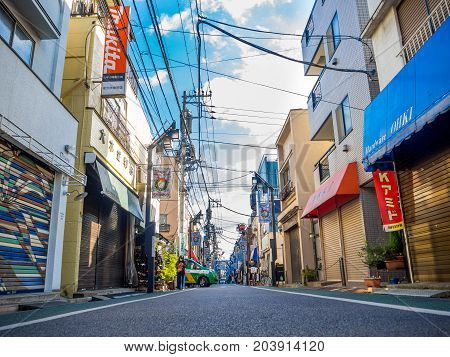 Kawagoe, Japan - May 14, 2017: Close up of shops and stores, which used to be the old warehouse, in Kawagoe, Japan.