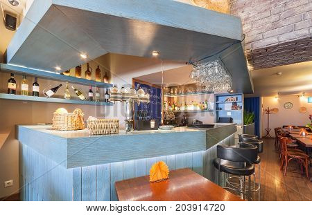 MOSCOW - AUGUST 2014: The interior of a small modern cozy cafe - 
