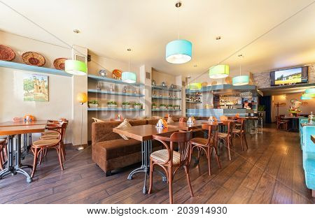 MOSCOW - AUGUST 2014: The interior of a small modern cozy cafe - 